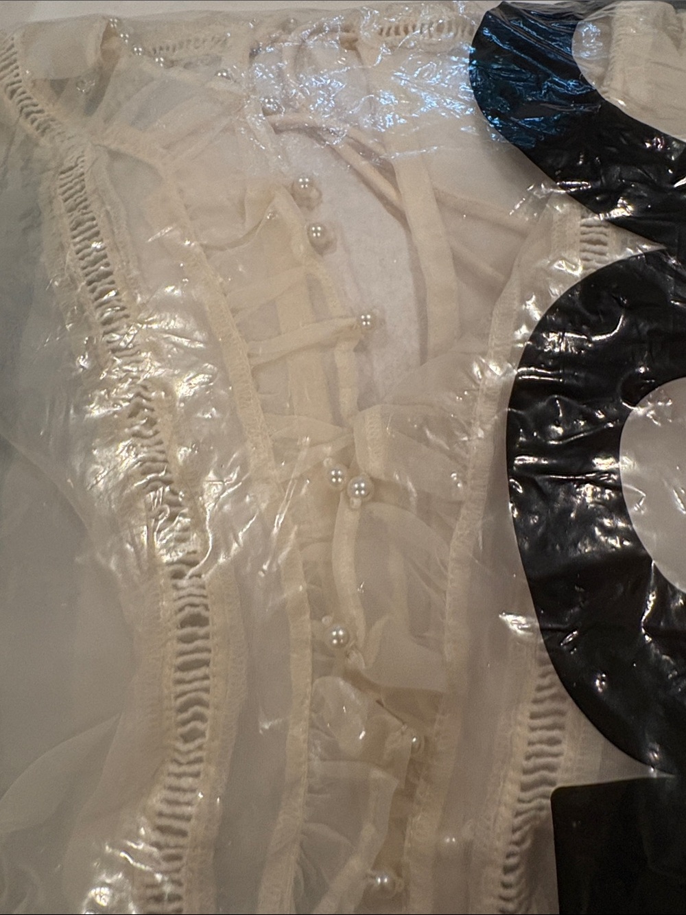 ASOS LUXE Curve Ivory Ruffle Mini Dress with Sheer Puff Sleeves and pearls - Picture 7 of 7